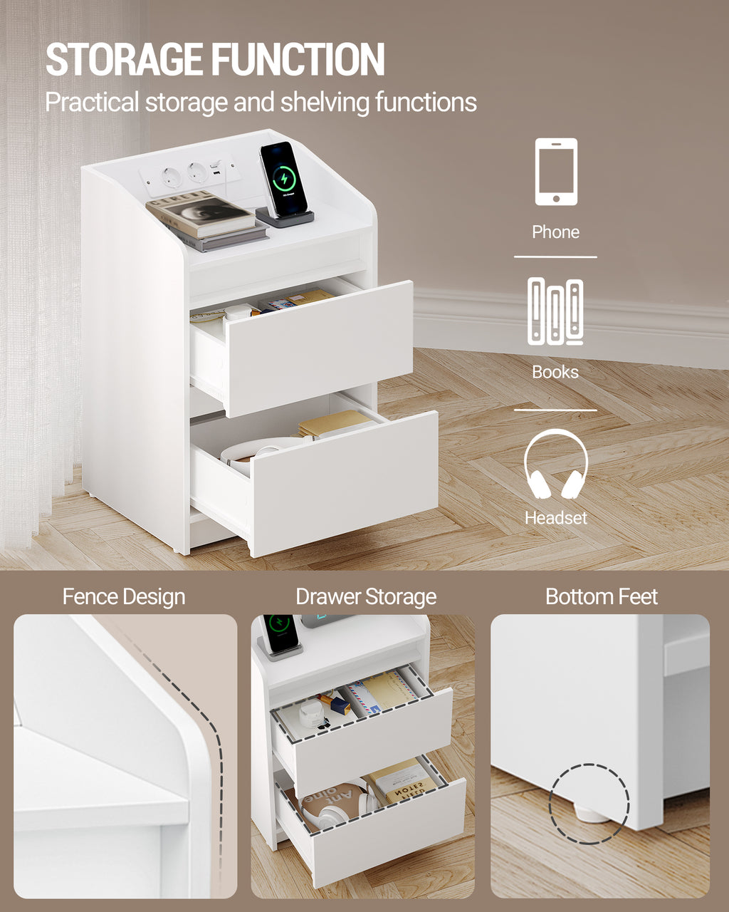 HEXCELEN Bedside Table with LED Lights & Charging Station, 2 Drawers, USB Ports and Power Outlets, White