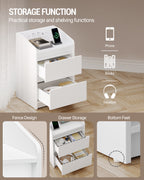 HEXCELEN Bedside Table with LED Lights & Charging Station, 2 Drawers, USB Ports and Power Outlets, White