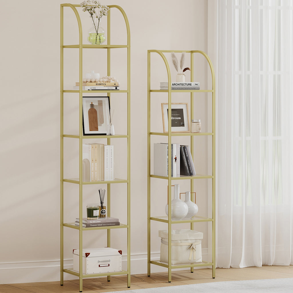 Hzuaneri 6 Tier Bookcase Bookshelf, Tempered Glass Bookshelves, Slim Shelving Unit for Bedroom, Bathroom, Home Office, Steel Frame, Gold, BC20699G