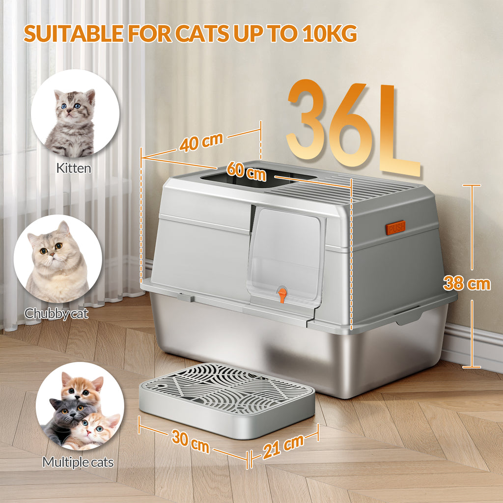 Fobyfurny Stainless Steel Cat Litter Tray with Lid, XL Closed Cat Litter Tray with Step and Shovel, Easy to Clean, Two Entrances, Removable, 60 x 40 x 38 cm, Light Grey,FPLB204SG1