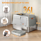 Fobyfurny Stainless Steel Cat Litter Tray with Lid, XL Closed Cat Litter Tray with Step and Shovel, Easy to Clean, Two Entrances, Removable, 60 x 40 x 38 cm, Light Grey,FPLB204SG1