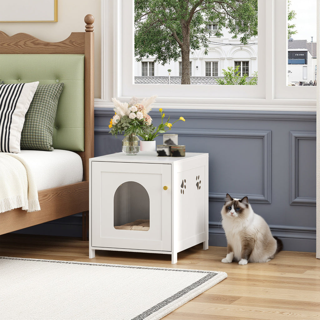 Hzuaneri Cat Litter Box Enclosure, 52 cm L Hidden Litter Box Furniture, Wooden Indoor Pet House with Front Arched Door, Side End Table, Nightstand for Living Room, Bedroom, White CB82213X