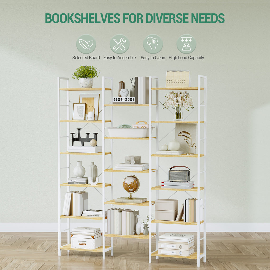 Hzuaneri 6-Tier Shelf Unit, Stem-Style Bookshelf with 17 Shelves, Adjustable Spacing, 24 × 152 × 186 cm, Metal Frame, for Living Room, Bedroom, Office, White Oak and White BC10116W