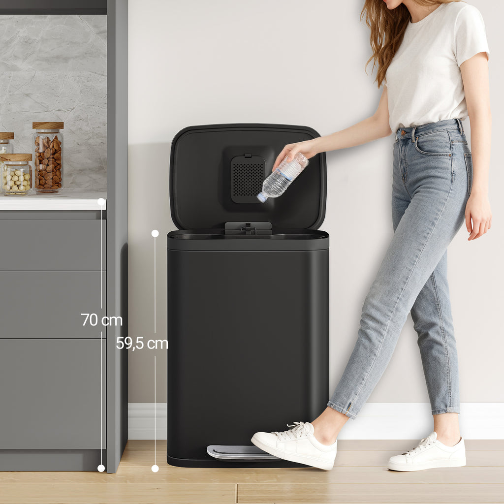 Hzuaneri 50L Trash Can, Kitchen Waste Bin with Pedal, Stainless Steel, Separate Inner Barrel, 15 Bags, Black SW15099B