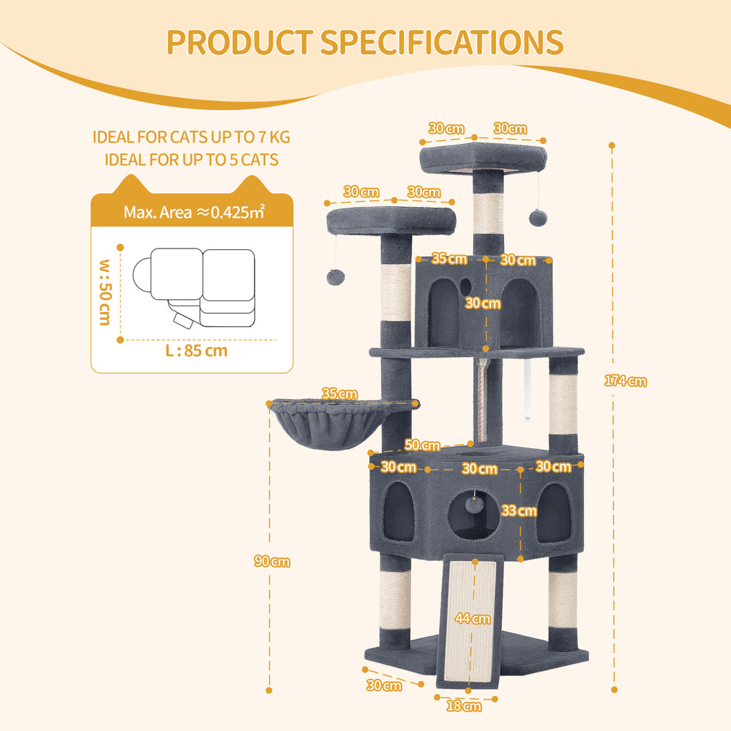 Hzuaneri Cat Tree for Indoor Cats, 174cm Cat Tower for Large Cats, 2 Platforms, 2 Caves, 4 Sisal Posts, Scratching Board, Cat Basket, Sisal Rope, Heavy-Duty for multiple cats, Dark Grey MS17418SG