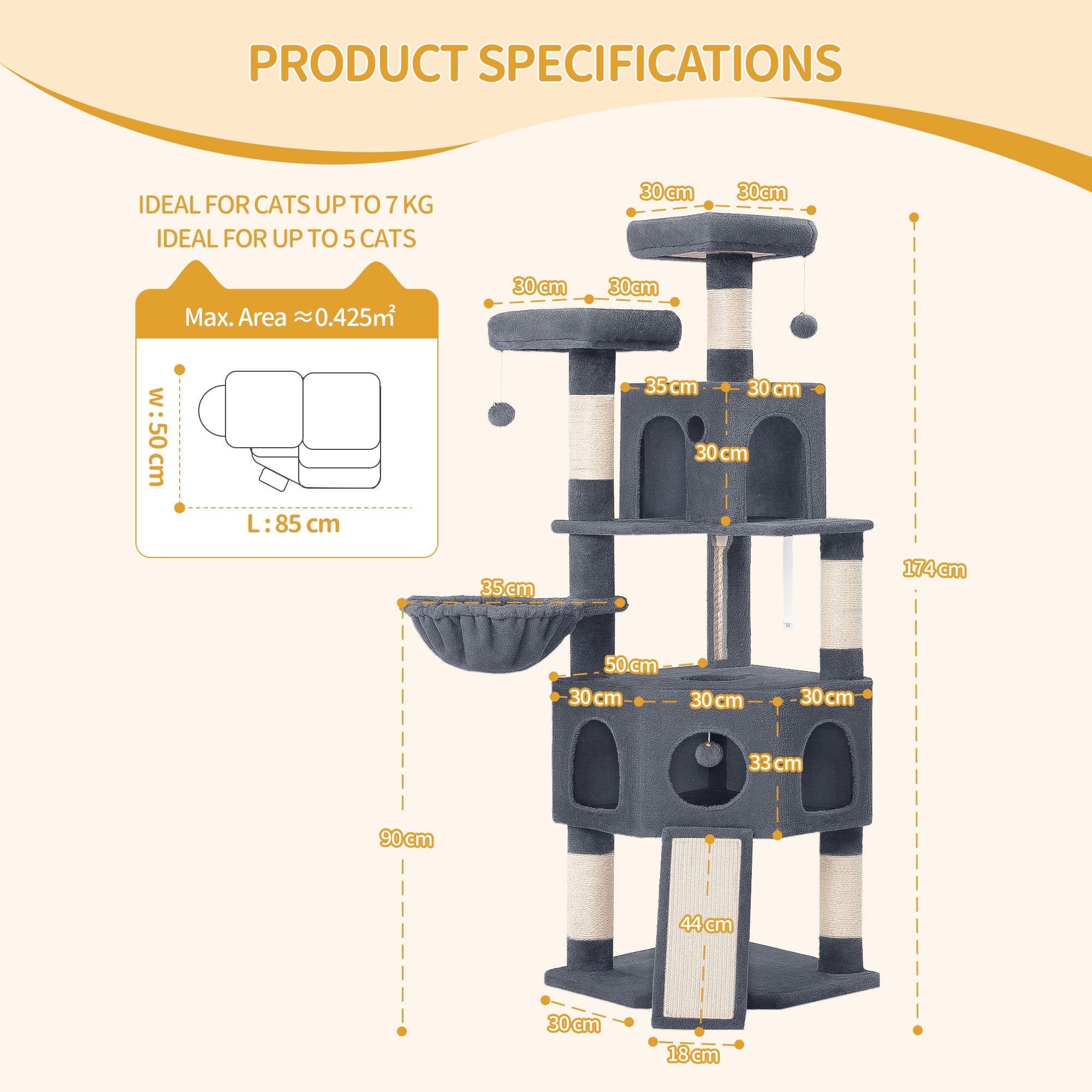 Hzuaneri Cat Tree for Indoor Cats, 174cm Cat Tower for Large Cats, 2 Platforms, 2 Caves, 4 Sisal Posts, Scratching Board, Cat Basket, Sisal Rope, Heavy-Duty for multiple cats, Dark Grey MS17418SG