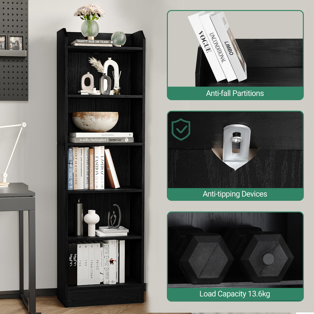 Hzuaneri Bookcase, 6-Tier Narrow Tall Bookshelf, Wooden Bookshelf with Adjustable Shelf, Open Storage Shelf for Bedroom, Living Room, Home Office, 24 x 48 x 169.5 cm Black, 02904XBC
