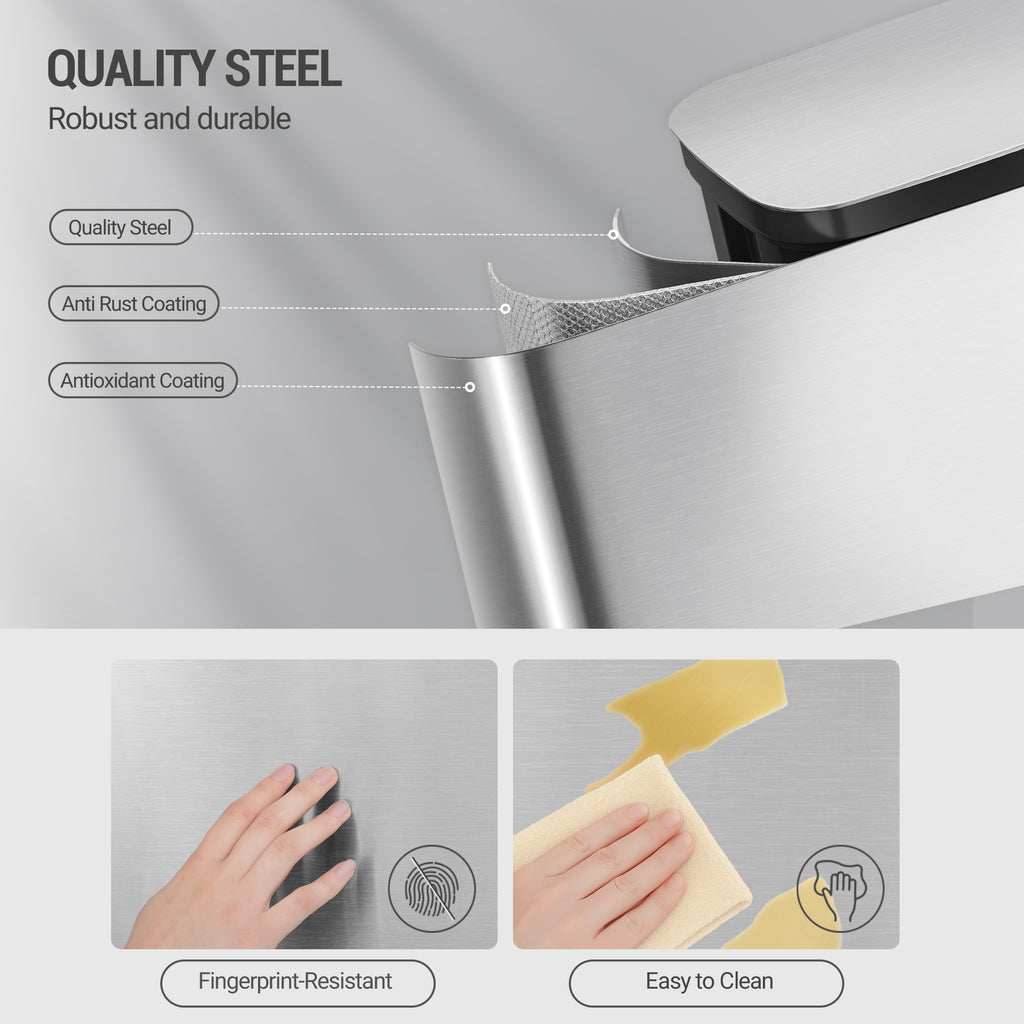 Hzuaneri 50L Kitchen Bin, Steel Pedal Bin with Soft-Close Lid, Inner Bucket, with 15 Bin Bags, Soft Close and Stay Open, Silver SW15099E