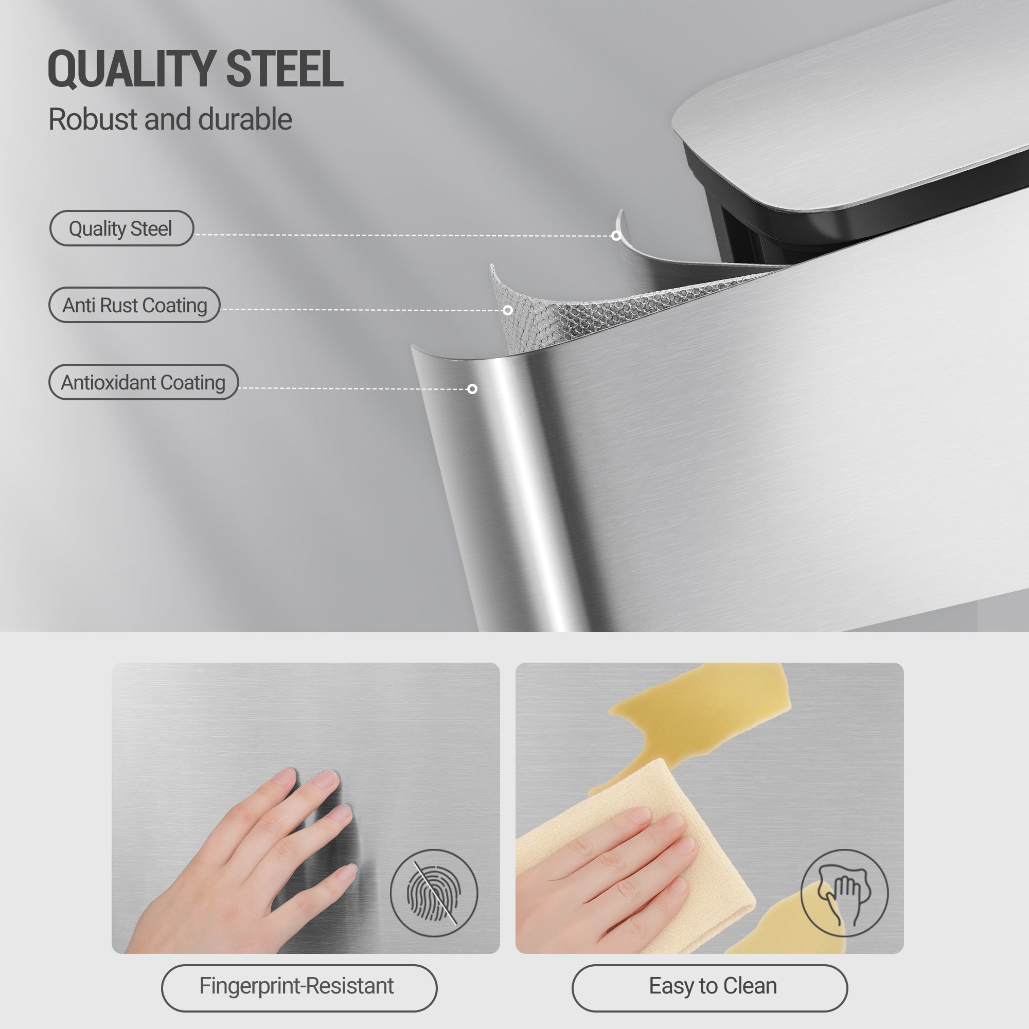 Hzuaneri 50L Kitchen Bin, Steel Pedal Bin with Soft-Close Lid, Inner Bucket, with 15 Bin Bags, Soft Close and Stay Open, Silver SW15099E