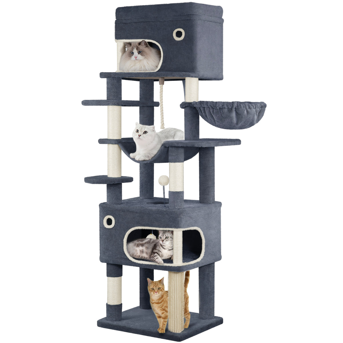 Hzuaneri 178 cm Cat Tree for Indoor Cats, Multi-layer Scratching Post with Large Platform, 2 Caves, 7 Sisal Posts, Pompoms, Cat Basket, Hammock, Suitable for Cats, Dark Grey MS17818SG