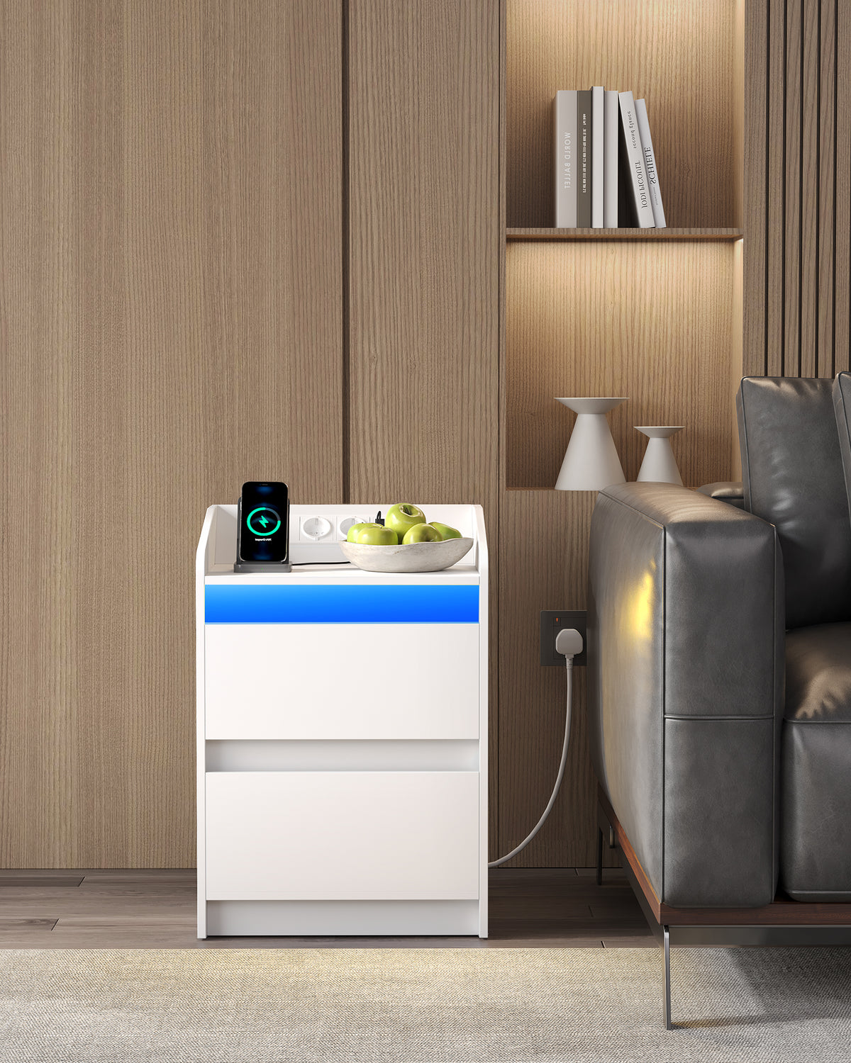 HEXCELEN Bedside Table with LED Lights & Charging Station, 2 Drawers, USB Ports and Power Outlets, White