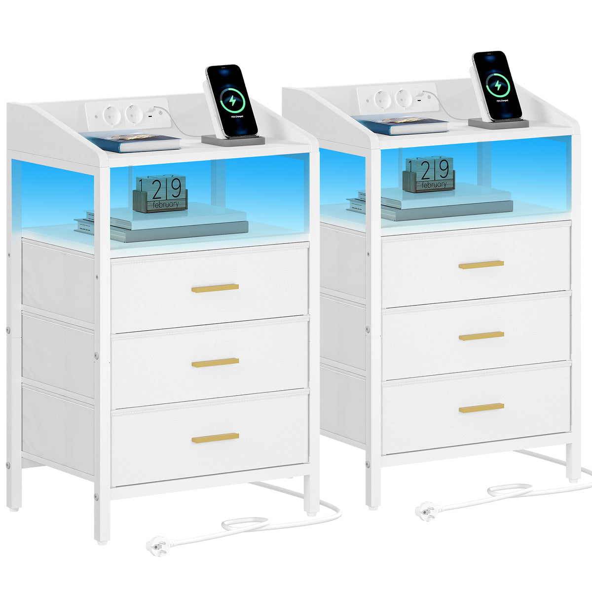 HEXCELEN Bedside Table Set of 2 with LED Lights & Charging Station, 3 Fabric Drawers, USB Ports & Sockets, White