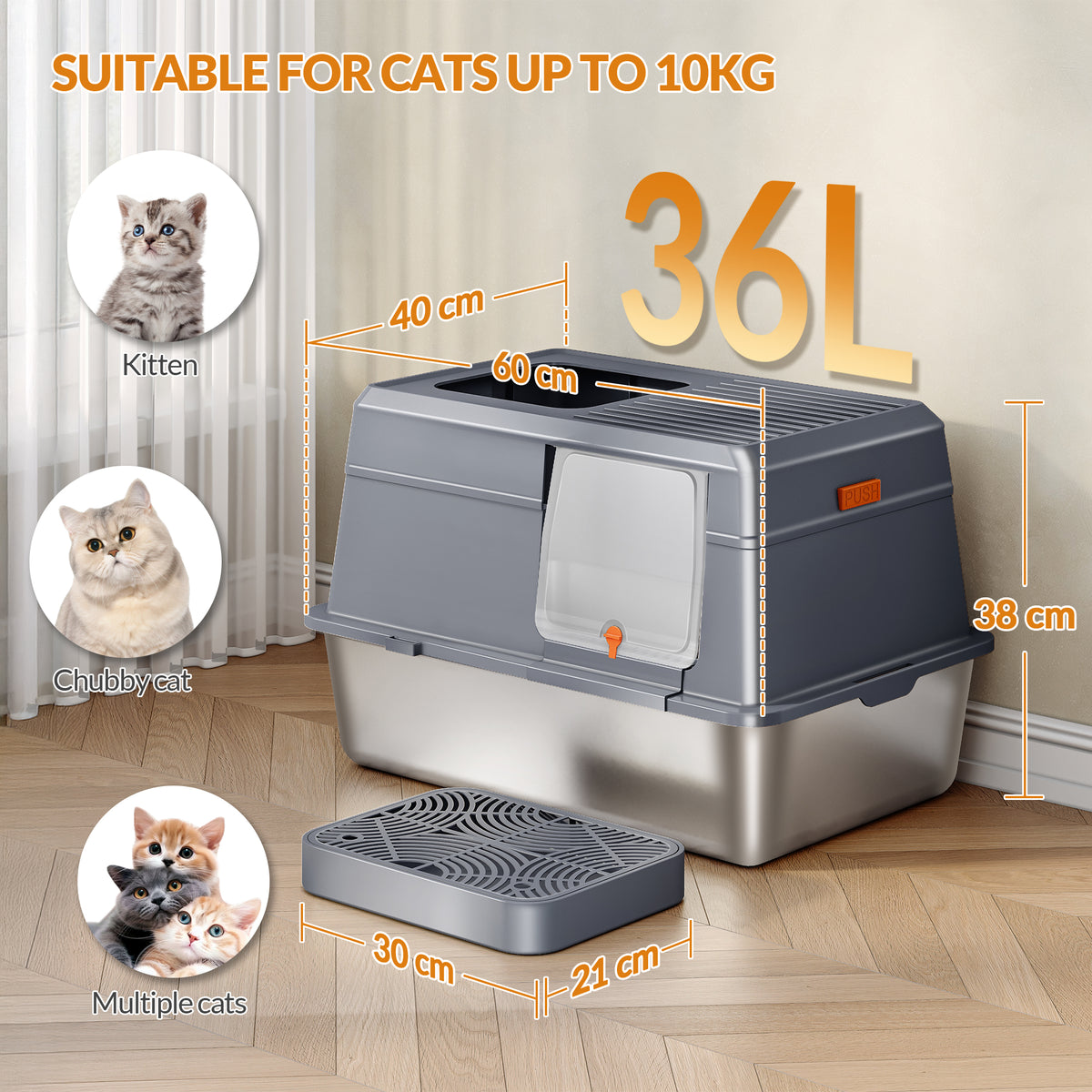 Fobyfurny Stainless Steel Cat Litter Tray with Lid, XXL Closed Cat Litter Tray with Step and Shovel, Easy to Clean, Two Entrances, Removable, 60 x 40 x 38 cm, Dark Grey,FPLB204SG2