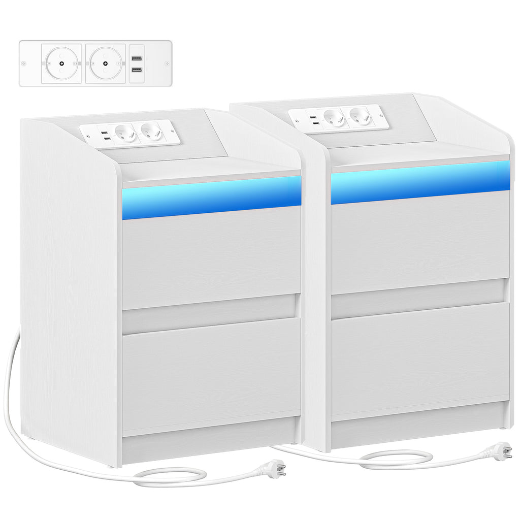 HEXCELEN Nightstand Set of 2 with LED Lights & Charging Station, 2 Drawers, USB Ports & Outlets, White