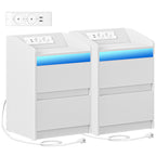 HEXCELEN Nightstand Set of 2 with LED Lights & Charging Station, 2 Drawers, USB Ports & Outlets, White