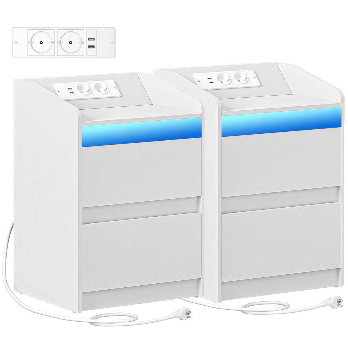 HEXCELEN Nightstand Set of 2 with LED Lights & Charging Station, 2 Drawers, USB Ports & Outlets, White