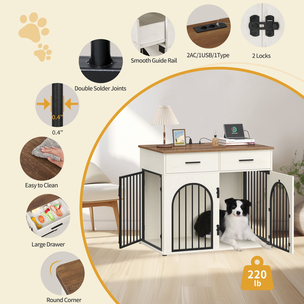 Hzuaneri 43.3'' Dog Crate Furniture for Large Dog, Indoor Dog Kennel with 2 Storage Drawers, Charging Station, Wooden Dog Cage End Table Kennel, White Brown