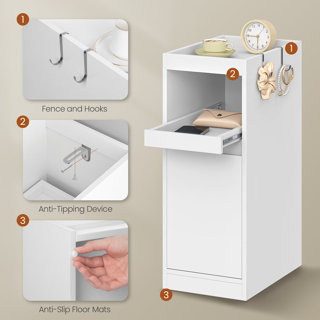 HEXCELEN Narrow Bedside Table, Nightstands with Tray, Side Table with 1 Door, Side Table with 2 Hooks, Space-Saving, for Bedroom, Living Room, Modern Style, White, 35 × 24 × 64 cm,301103X