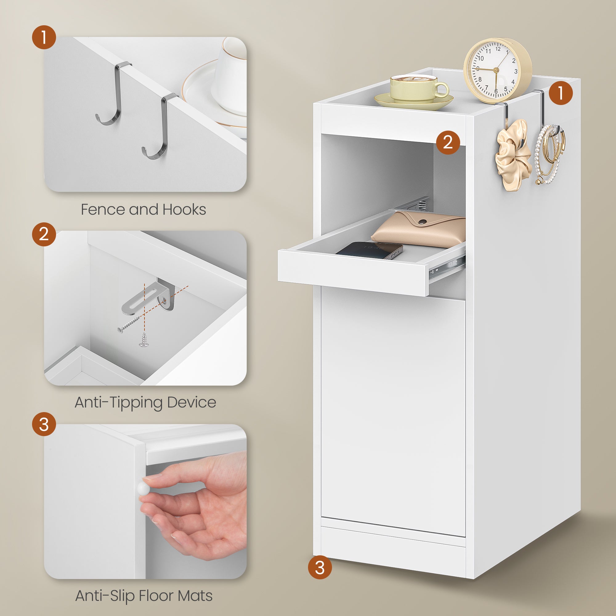 HEXCELEN Narrow Bedside Table, Nightstands with Tray, Side Table with 1 Door, Side Table with 2 Hooks, Space-Saving, for Bedroom, Living Room, Modern Style, White, 35 × 24 × 64 cm,301103X
