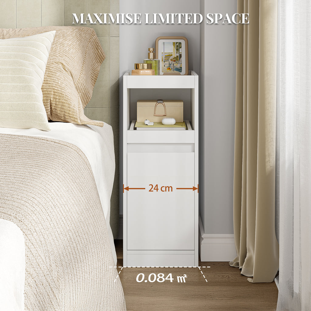 HEXCELEN Narrow Bedside Table, Nightstands with Tray, Side Table with 1 Door, Side Table with 2 Hooks, Space-Saving, for Bedroom, Living Room, Modern Style, White, 35 × 24 × 64 cm,301103X