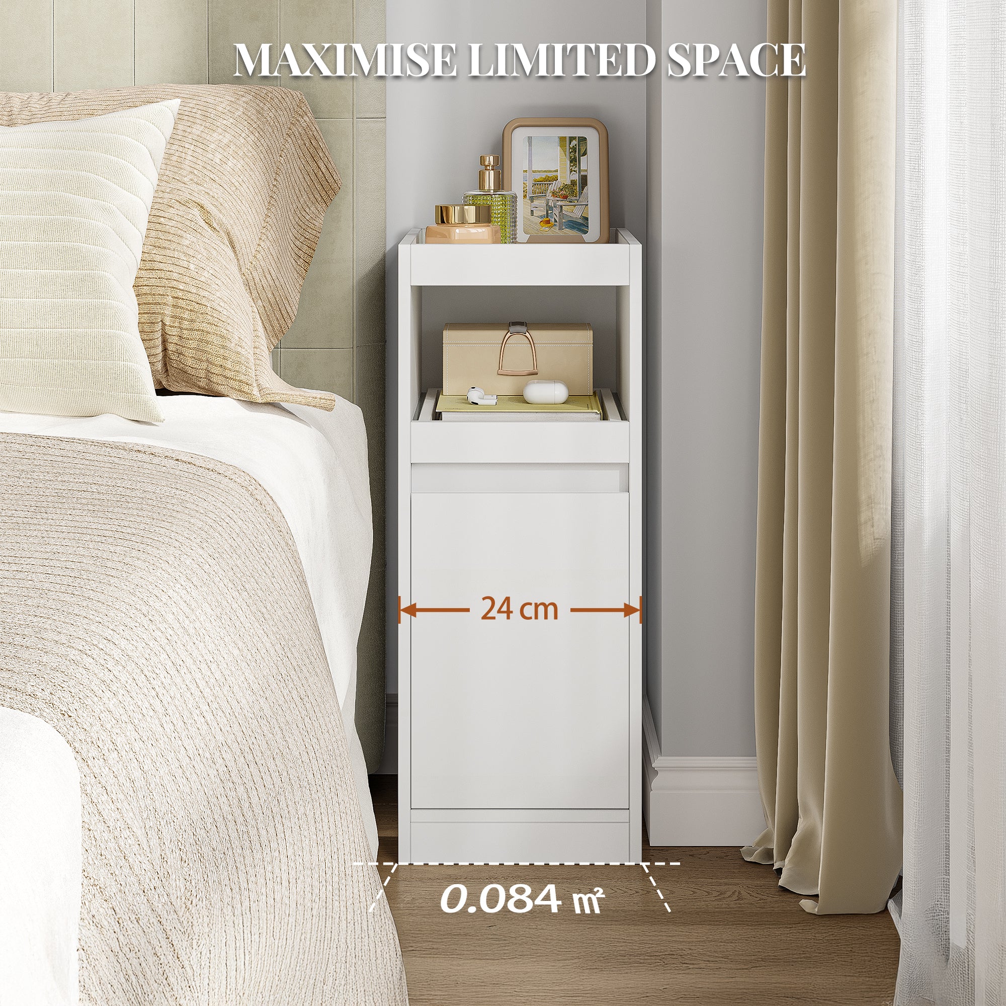 HEXCELEN Narrow Bedside Table, Nightstands with Tray, Side Table with 1 Door, Side Table with 2 Hooks, Space-Saving, for Bedroom, Living Room, Modern Style, White, 35 × 24 × 64 cm,301103X