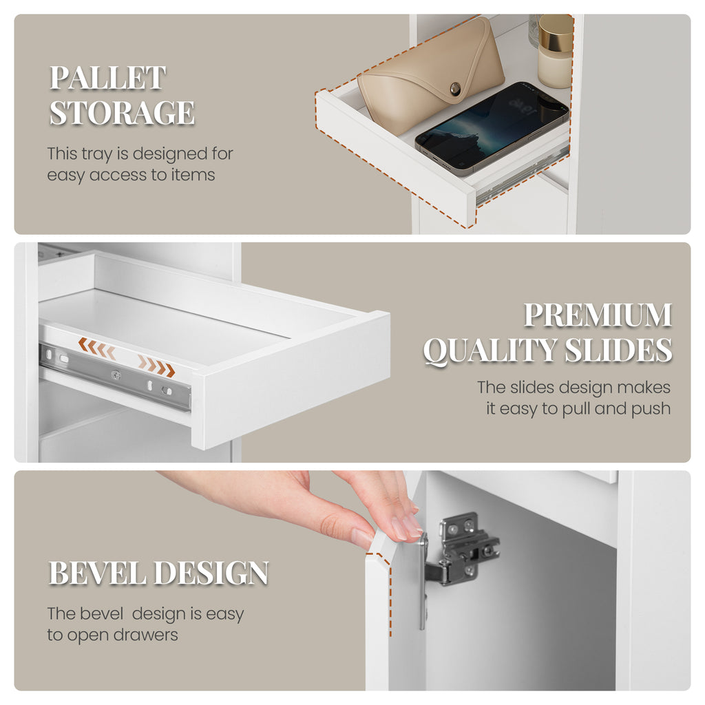 HEXCELEN Narrow Bedside Table, Nightstands with Tray, Side Table with 1 Door, Side Table with 2 Hooks, Space-Saving, for Bedroom, Living Room, Modern Style, White, 35 × 24 × 64 cm,301103X