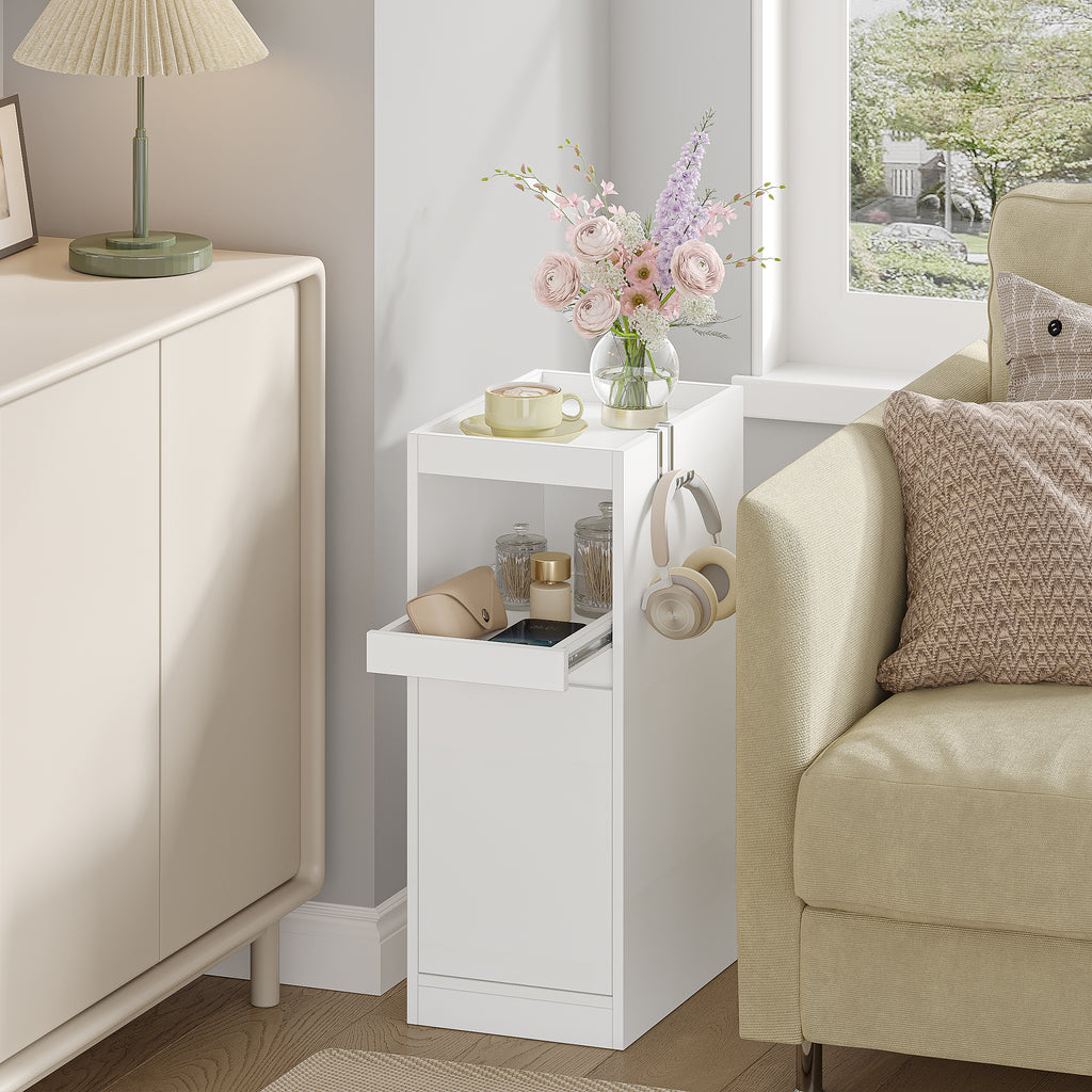 HEXCELEN Narrow Bedside Table, Nightstands with Tray, Side Table with 1 Door, Side Table with 2 Hooks, Space-Saving, for Bedroom, Living Room, Modern Style, White, 35 × 24 × 64 cm,301103X
