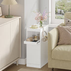 HEXCELEN Narrow Bedside Table, Nightstands with Tray, Side Table with 1 Door, Side Table with 2 Hooks, Space-Saving, for Bedroom, Living Room, Modern Style, White, 35 × 24 × 64 cm,301103X