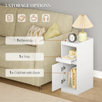 HEXCELEN Narrow Bedside Table, Nightstands with Tray, Side Table with 1 Door, Side Table with 2 Hooks, Space-Saving, for Bedroom, Living Room, Modern Style, White, 35 × 24 × 64 cm,301103X