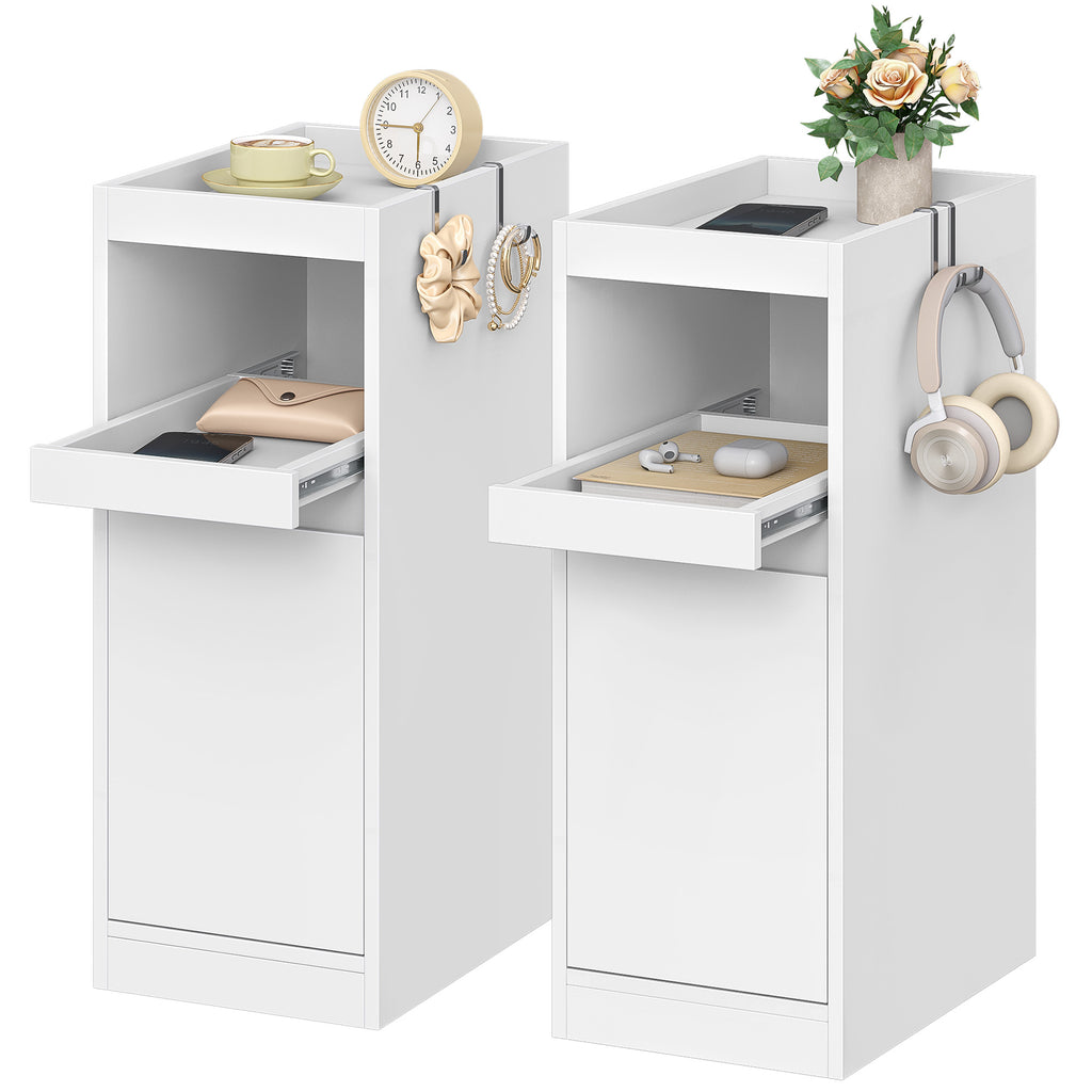 HEXCELEN Narrow Nightstand Set of 2, Nightstands with Tray, Side Table with 1 Door, Side Table with 2 Hooks, Space-Saving, for Bedroom, Living Room, Modern Style, White, 35 × 24 × 64 cm 301203X