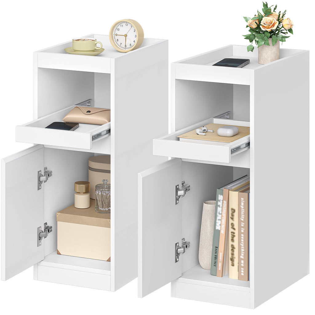 HEXCELEN Narrow Nightstand Set of 2, Nightstands with Tray, Side Table with 1 Door, Side Table with 2 Hooks, Space-Saving, for Bedroom, Living Room, Modern Style, White, 35 × 24 × 64 cm 301203X