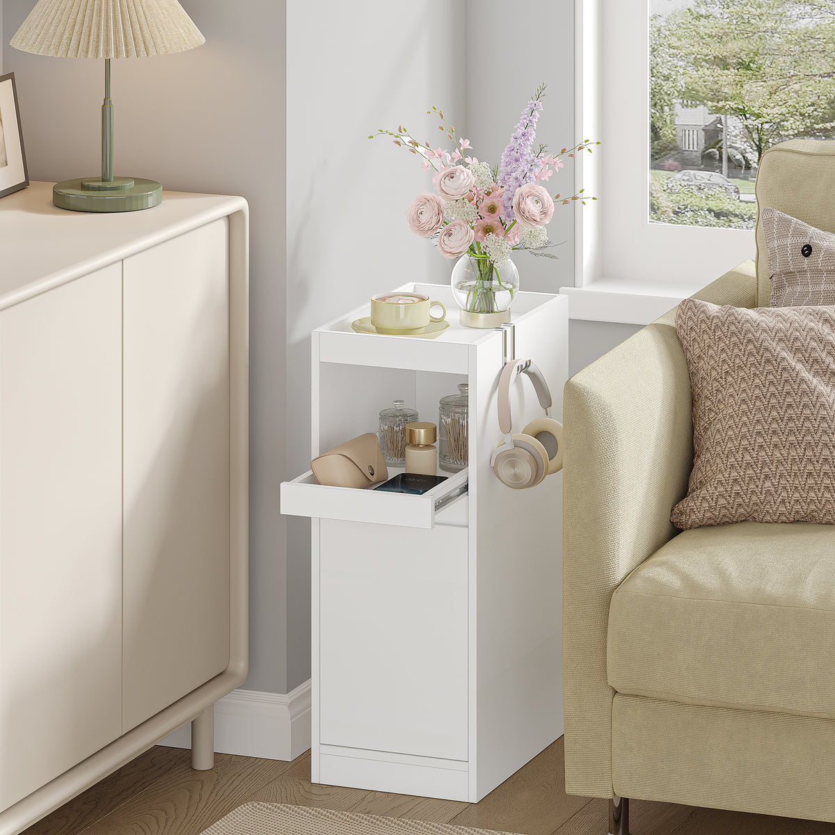 HEXCELEN Narrow Nightstand Set of 2, Nightstands with Tray, Side Table with 1 Door, Side Table with 2 Hooks, Space-Saving, for Bedroom, Living Room, Modern Style, White, 35 × 24 × 64 cm 301203X
