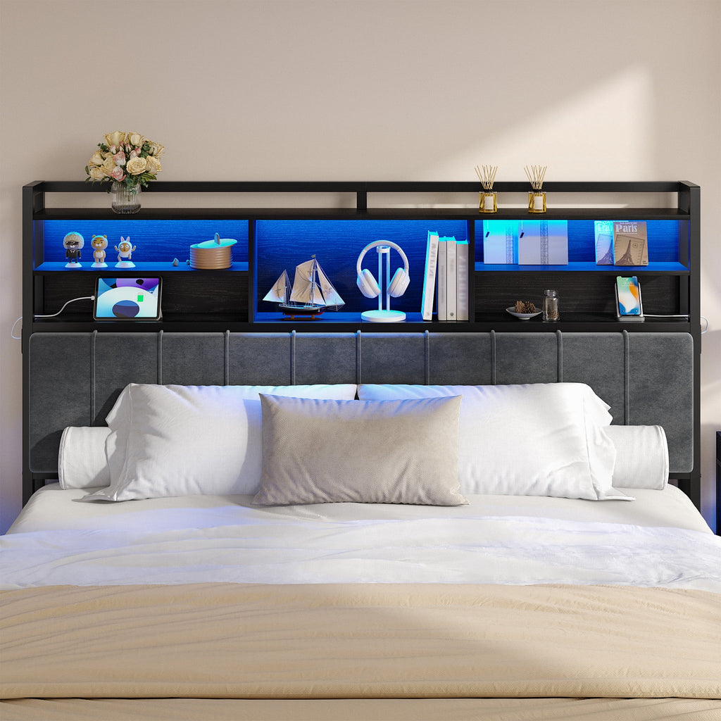King Size Headboard with 3-tier Storage Shelves, Soft Velvet Upholstery, 2 Power Outlets, USB Ports & LED Lights, Comfy Backrest, Black