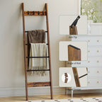 Hzuaneri 6-Tier Blanket Ladder with Hooks, 5.6Ft Wall Leaning Blanket Ladder, 4 Removable Hooks for Living Room, Bedroom Bathroom, Decorative Quilt Rack Easy to Assemble, Rustic Brown