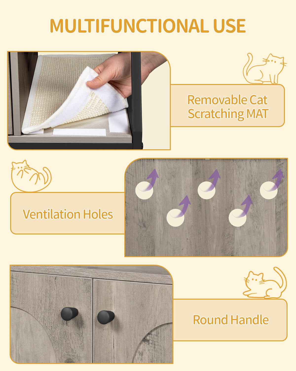 4-in-1 Cat Litter Box Enclosure Cat Tree, Platform, Scratcher, Stairs,Greige with Platform, Scratching Posts, Washable Removable Cushion, Greige