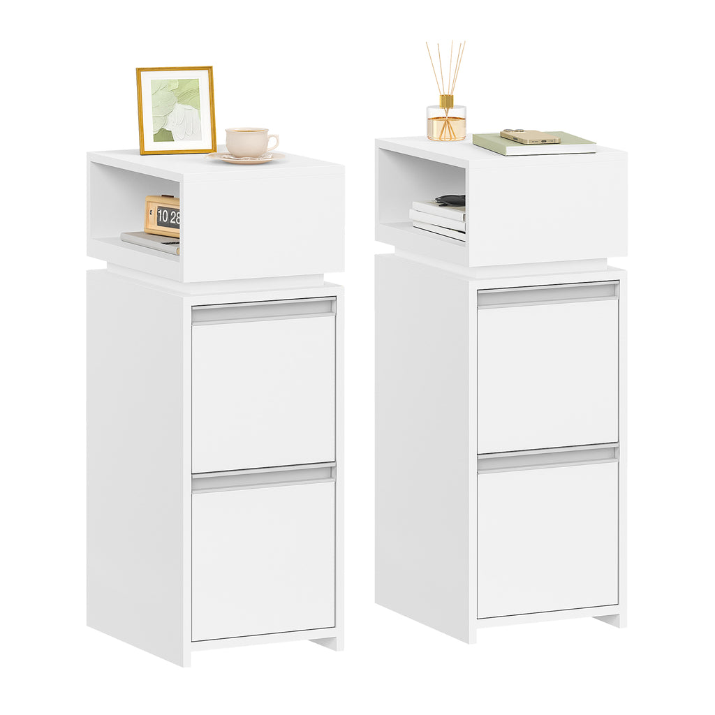 HEXCELEN Nightstand, Set of 2, Narrow with 2 Drawers and 1 Open Compartment, Bedside Table, Side Table for Bedroom and Living Room, Modern, 30 x 24 x 66.1 cm, White 320203X