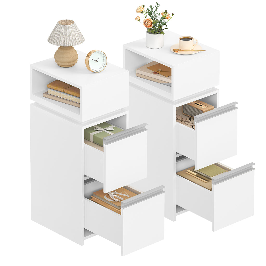 HEXCELEN Nightstand, Set of 2, Narrow with 2 Drawers and 1 Open Compartment, Bedside Table, Side Table for Bedroom and Living Room, Modern, 30 x 24 x 66.1 cm, White 320203X