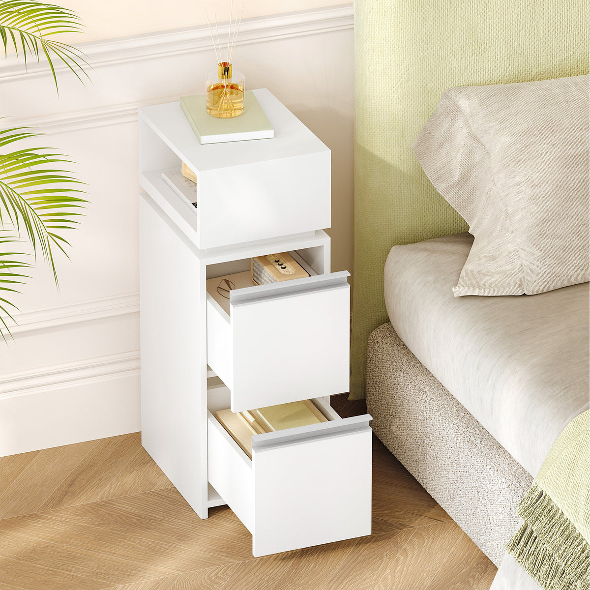 HEXCELEN Nightstand, Set of 2, Narrow with 2 Drawers and 1 Open Compartment, Bedside Table, Side Table for Bedroom and Living Room, Modern, 30 x 24 x 66.1 cm, White 320203X