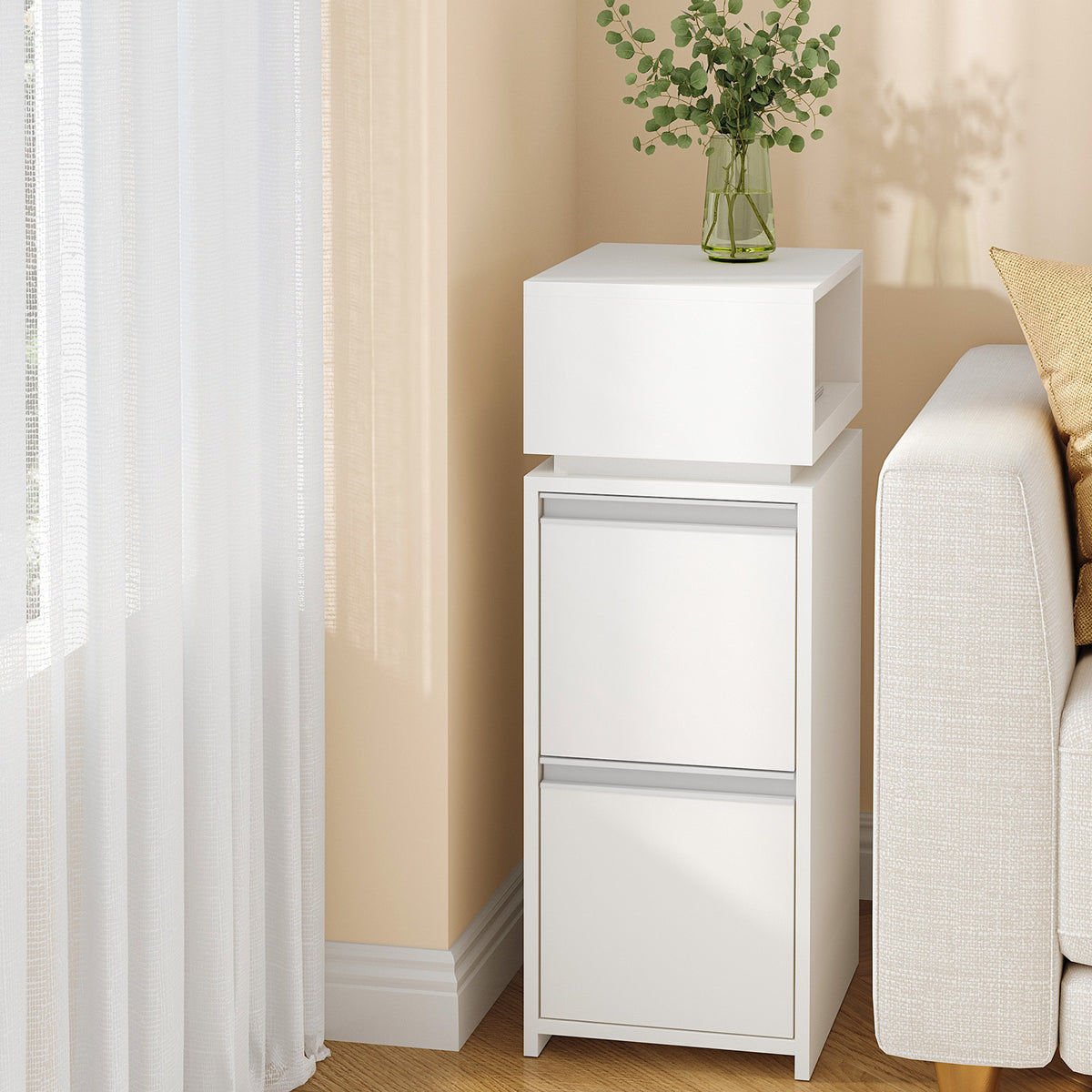 HEXCELEN Nightstand, Set of 2, Narrow with 2 Drawers and 1 Open Compartment, Bedside Table, Side Table for Bedroom and Living Room, Modern, 30 x 24 x 66.1 cm, White 320203X