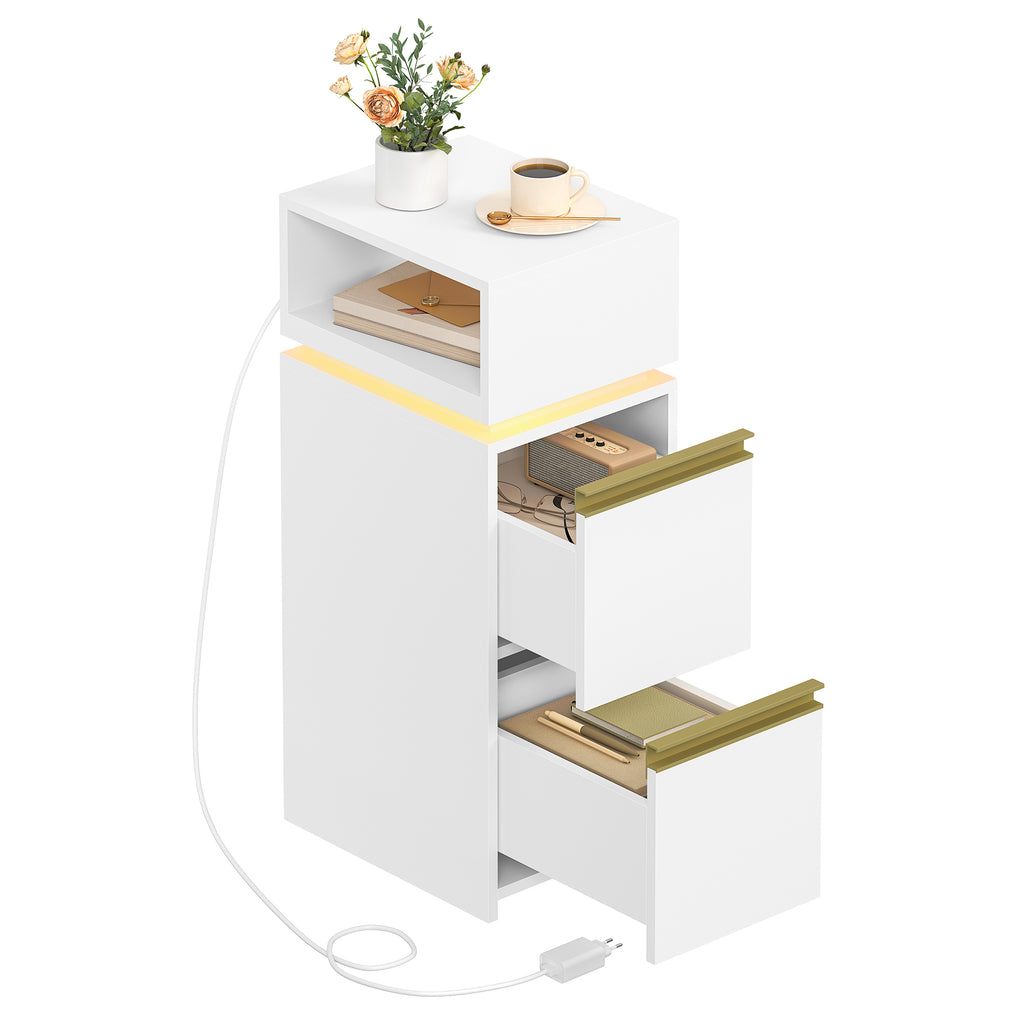 HEXCELEN Nightstand, Narrow, Side Table with 2 Drawers and 1 Open Compartment, Bedside Table for Bedroom, Side Table, for Bedroom, Living Room, Modern, White 321103X