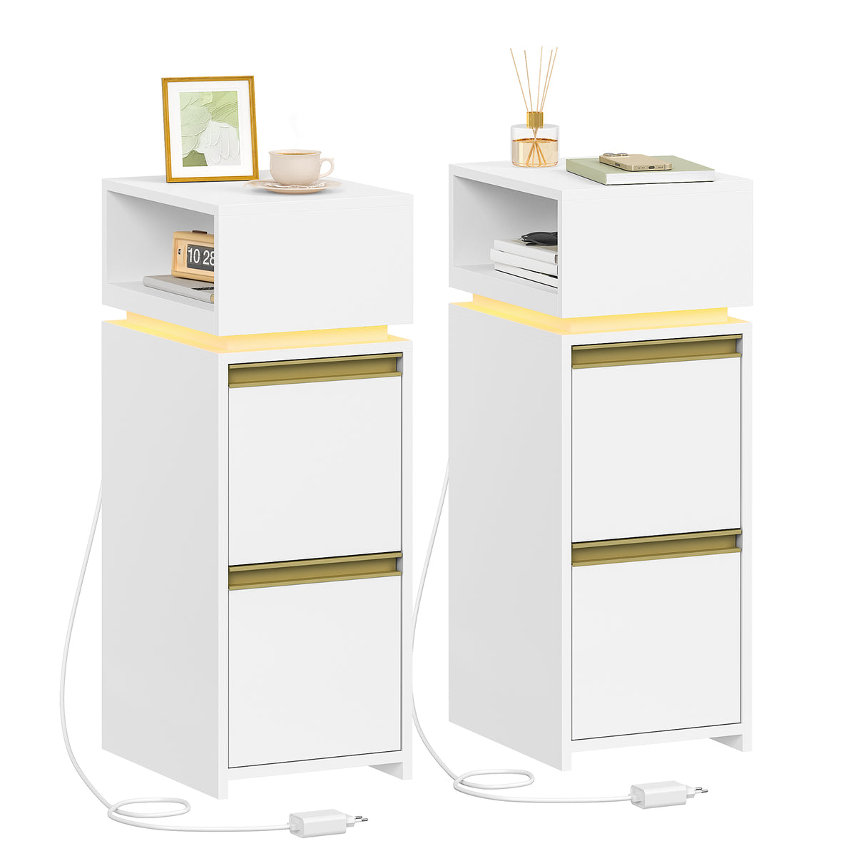 HEXCELEN Nightstand Set of 2, Narrow, Side Table with 2 Drawers and 1 Open Compartment, Bedside Table for Bedroom, Side Table, for Bedroom, Living Room, Modern, White 321203X