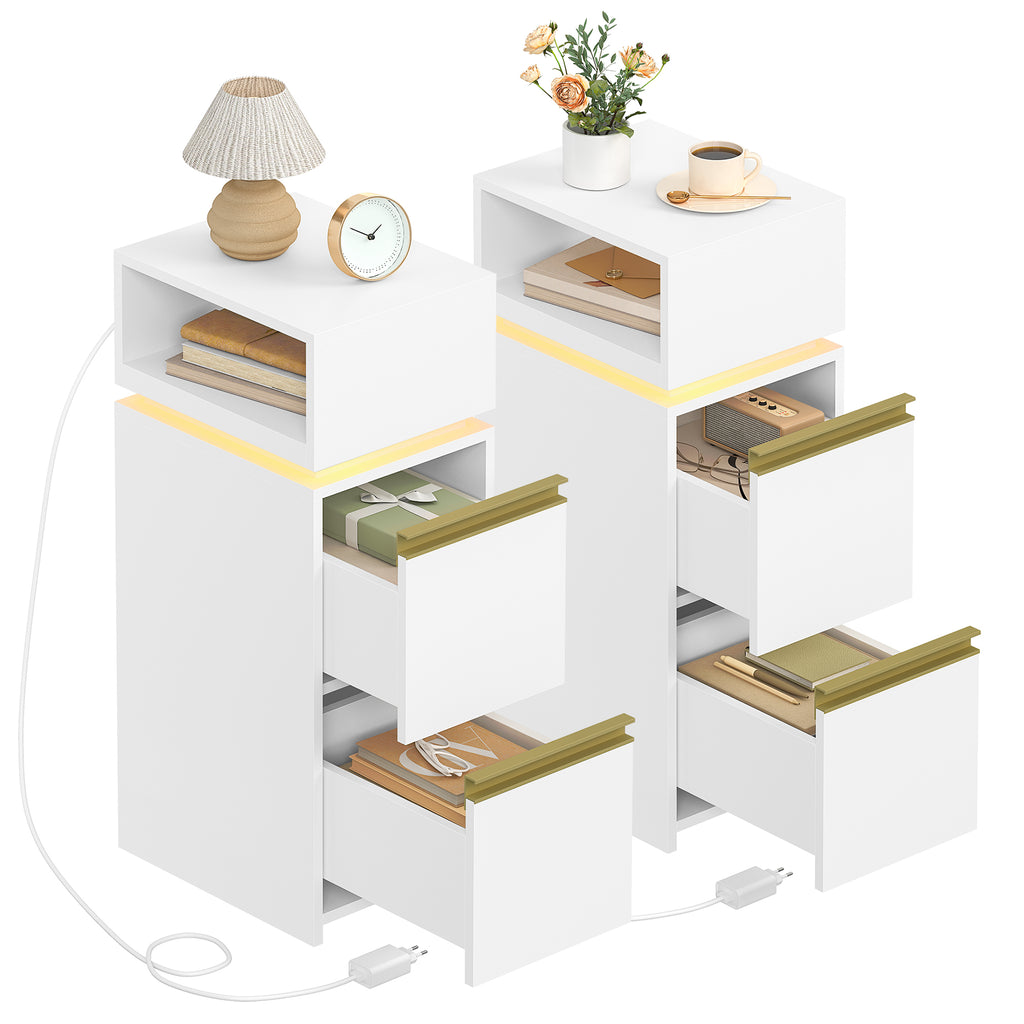 HEXCELEN Nightstand Set of 2, Narrow, Side Table with 2 Drawers and 1 Open Compartment, Bedside Table for Bedroom, Side Table, for Bedroom, Living Room, Modern, White 321203X