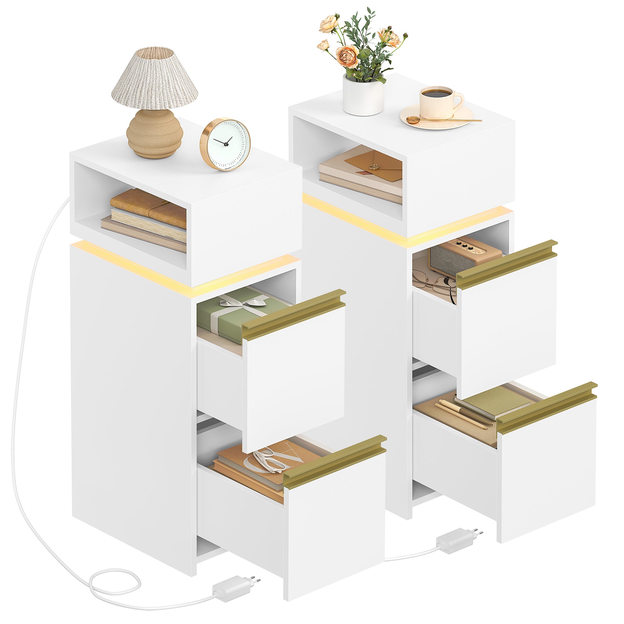 HEXCELEN Nightstand Set of 2, Narrow, Side Table with 2 Drawers and 1 Open Compartment, Bedside Table for Bedroom, Side Table, for Bedroom, Living Room, Modern, White 321203X
