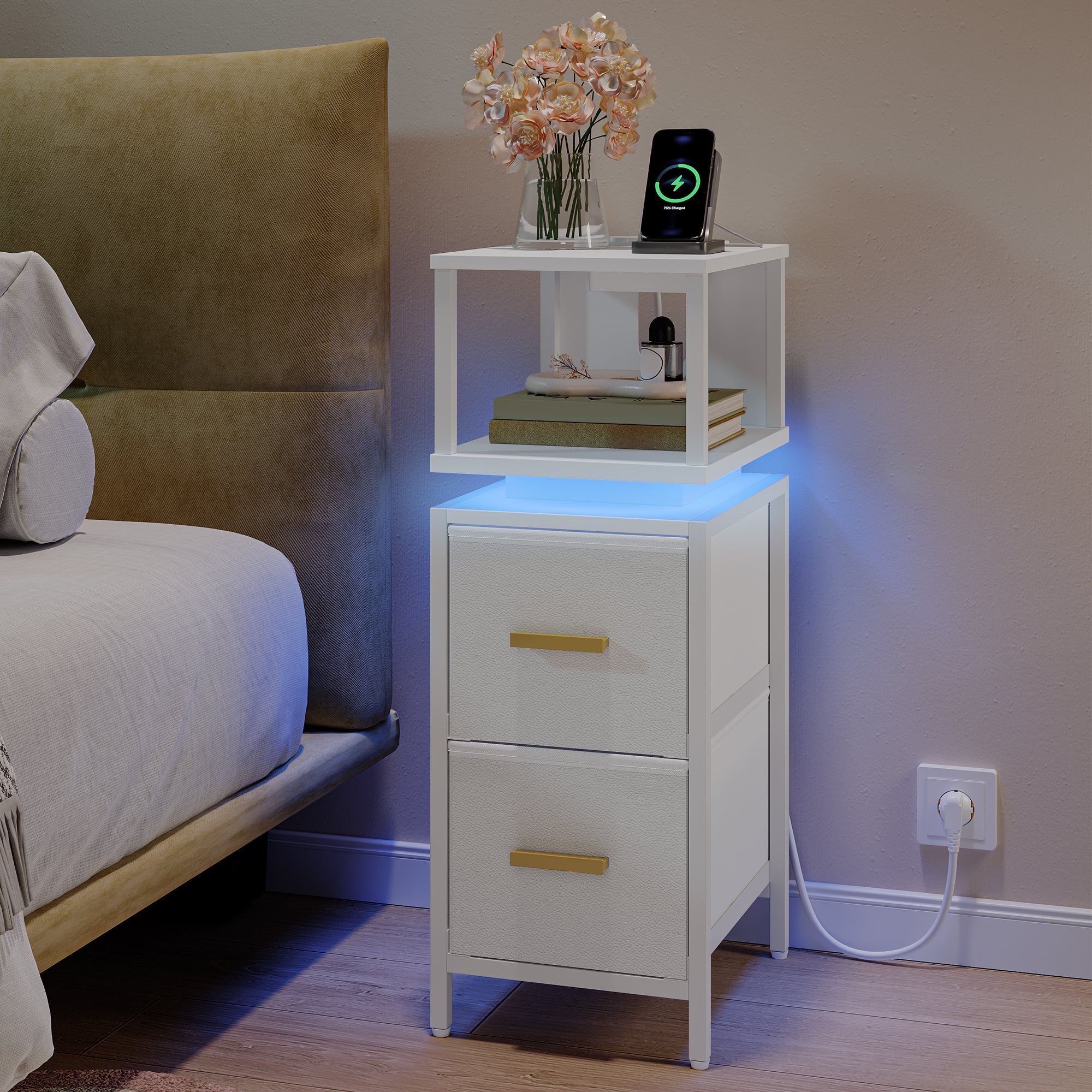 HEXCELEN Nightstand, Set of 2, Narrow Bedside Table, Side Table with 2 Fabric Drawers and Shelves, Bedroom Nightstand, for Bedroom Living Room, Modern, 30.2 x 24 x 67 cm, White, 322203W