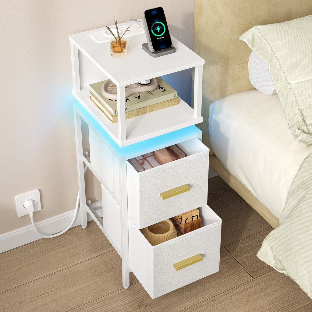 HEXCELEN Nightstand, Set of 2, Narrow Bedside Table, Side Table with 2 Fabric Drawers and Shelves, Bedroom Nightstand, for Bedroom Living Room, Modern, 30.2 x 24 x 67 cm, White, 322203W