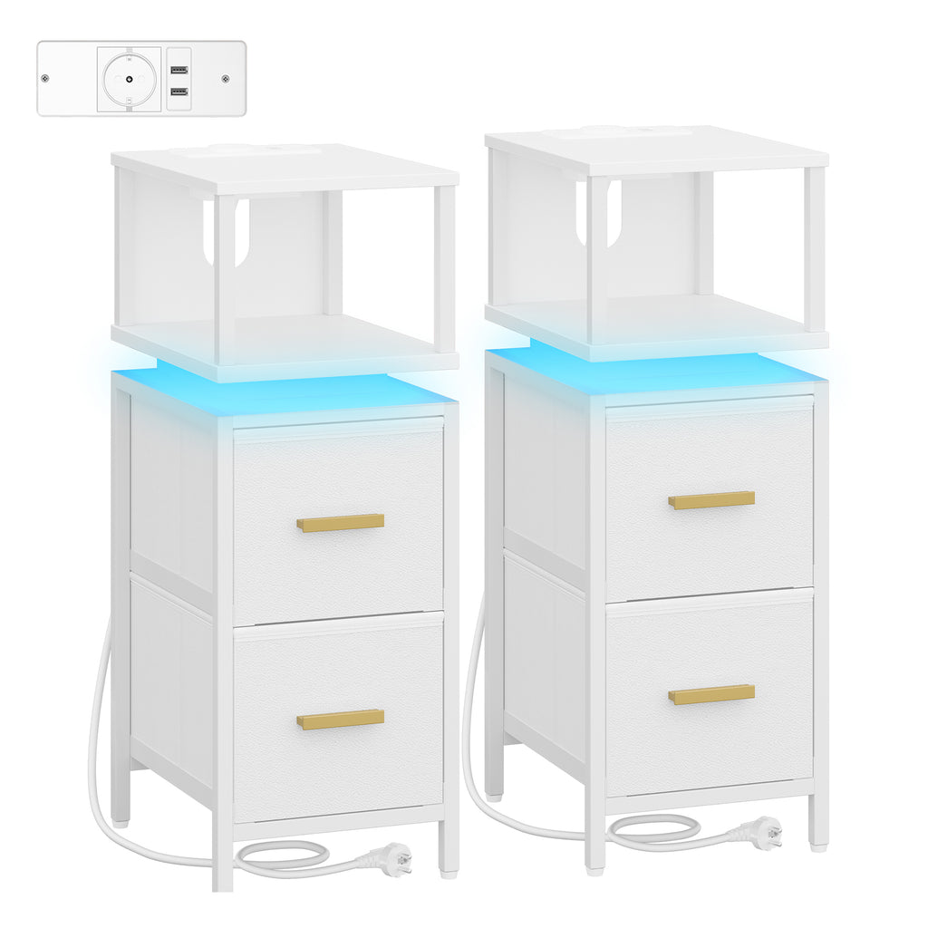 HEXCELEN Nightstand, Set of 2, Narrow Bedside Table, Side Table with 2 Fabric Drawers and Shelves, Bedroom Nightstand, for Bedroom Living Room, Modern, 30.2 x 24 x 67 cm, White, 322203W