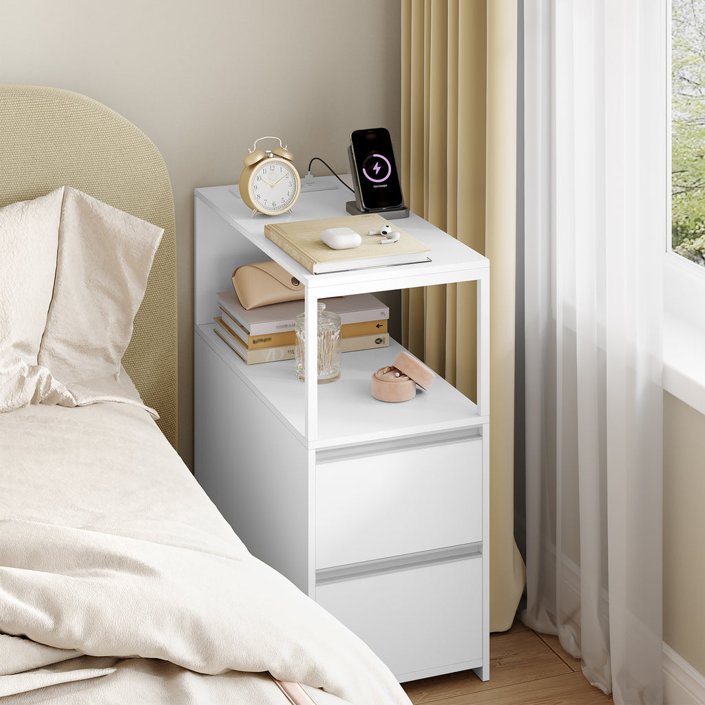 HEXCELEN Narrow Side Table, Set of 2, Nightstand, Narrow Nightstand with 2 Drawers and Open Compartment, Sofa Table, for Small Spaces, Living Room, Bedroom, Modern, 60 x 30 x 65 cm, White 326203W