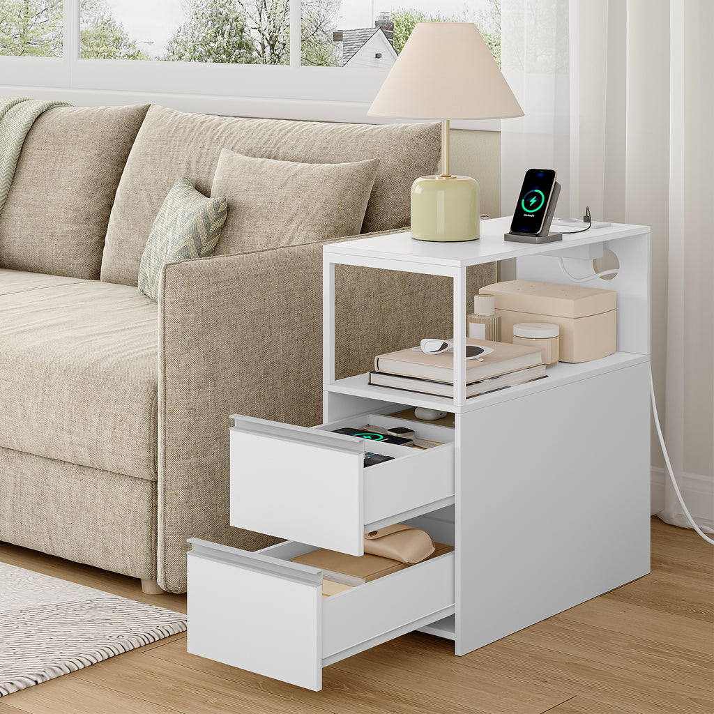 HEXCELEN Narrow Side Table, Set of 2, Nightstand, Narrow Nightstand with 2 Drawers and Open Compartment, Sofa Table, for Small Spaces, Living Room, Bedroom, Modern, 60 x 30 x 65 cm, White 326203W