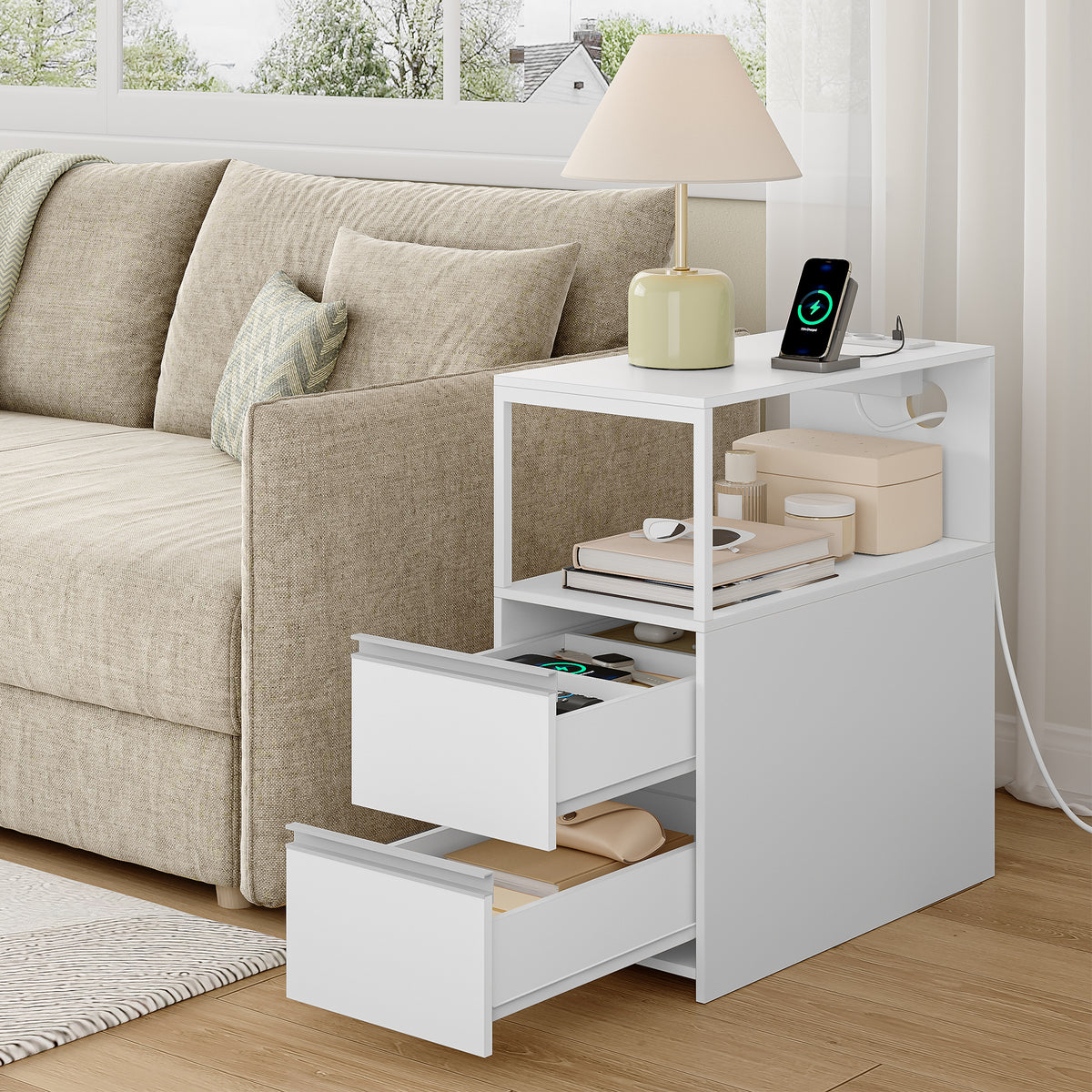 HEXCELEN Narrow Side Table, Set of 2, Nightstand, Narrow Nightstand with 2 Drawers and Open Compartment, Sofa Table, for Small Spaces, Living Room, Bedroom, Modern, 60 x 30 x 65 cm, White 326203W