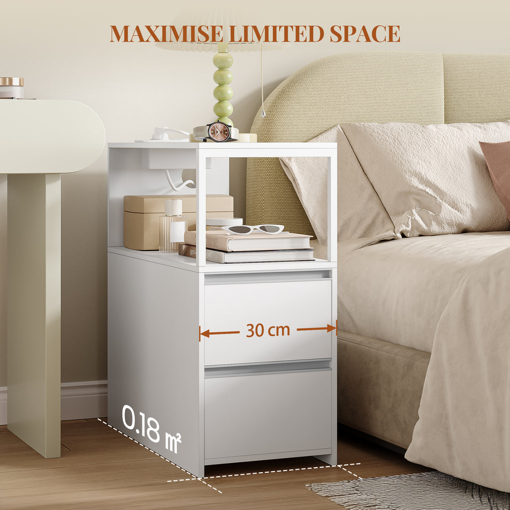 HEXCELEN Narrow Side Table, Set of 2, Nightstand, Narrow Nightstand with 2 Drawers and Open Compartment, Sofa Table, for Small Spaces, Living Room, Bedroom, Modern, 60 x 30 x 65 cm, White 326203W